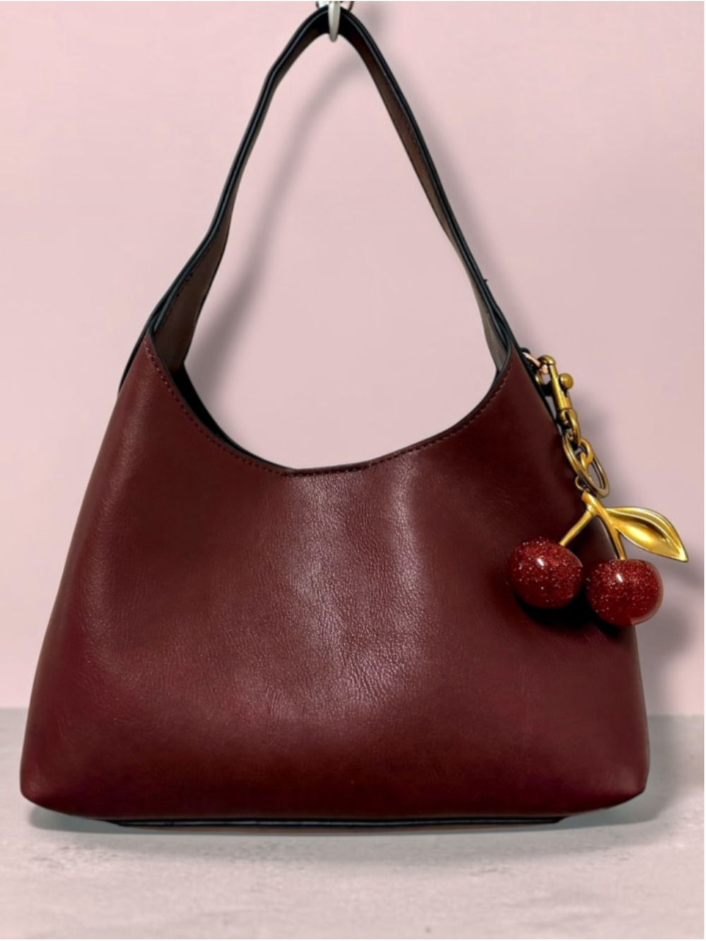 Burgundy Hobo Shoulder Bag Cherry Charm Gold Chain Crossbody Purse NWOT